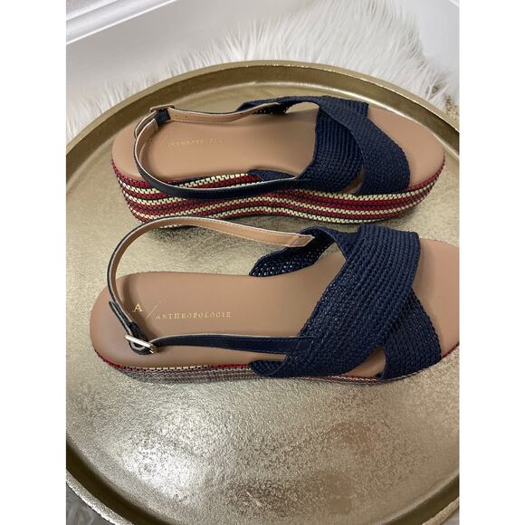 ANTHROPOLOGIE Red, Cream, and Blue Raffia Platform Sandals Size 10 - Picture 5 of 10